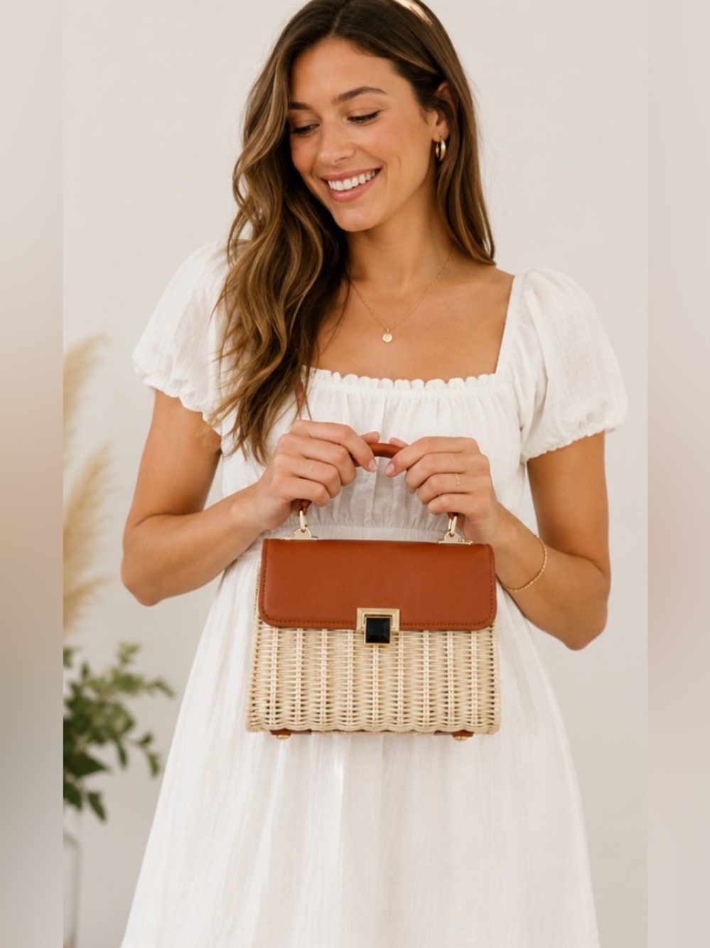 Tommy Bahama Natural Woven Rattan Leather Top Handle Satchel Crossbody Bag Tan